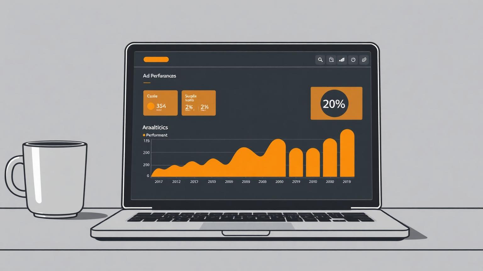 A laptop showing an ad performance dashboard with rising bars and a cost-per-acquisition chart.