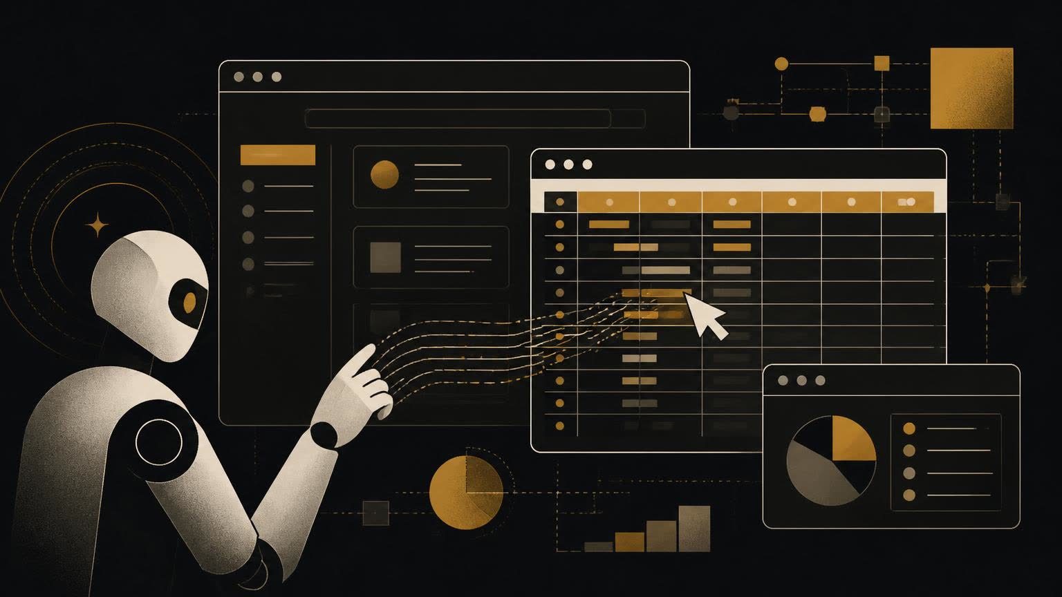 Illustration of an AI agent moving a cursor across browser and spreadsheet windows while data rows flow between them