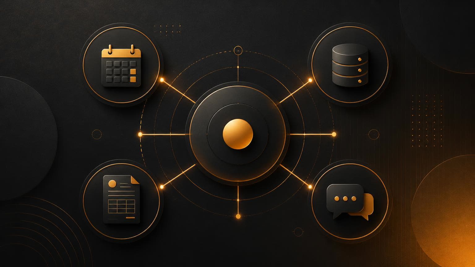 Diagram of a central connector hub linking an AI assistant to calendar, database, invoice and chat systems