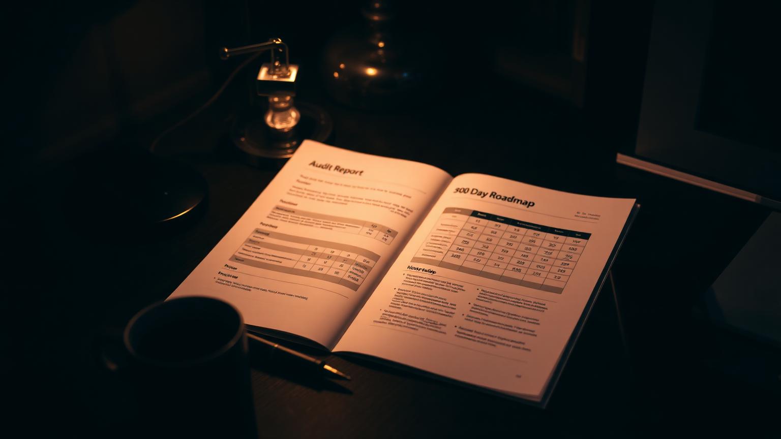 A printed AEO audit open to the findings table and the 90-day roadmap.
