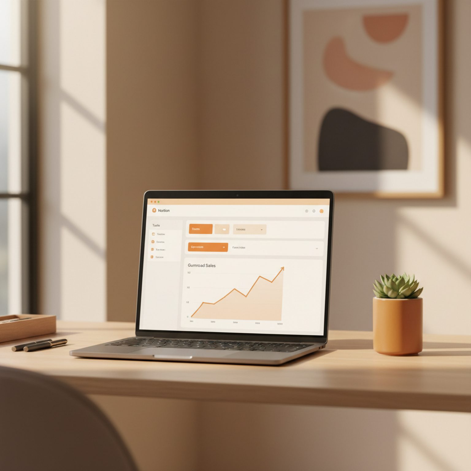 Laptop displaying a professional Notion dashboard for digital product management and a rising sales chart.