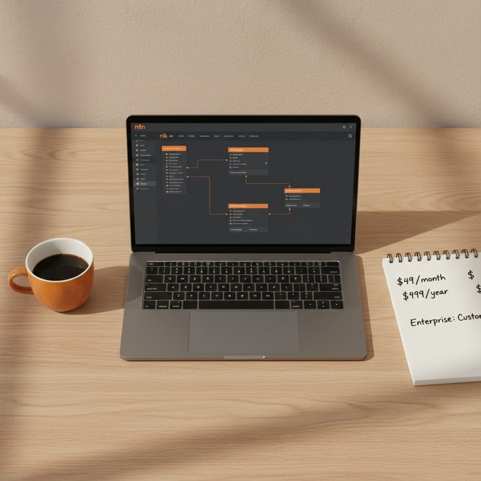 Laptop screen displaying complex n8n automation nodes and client pricing notes on a desk.