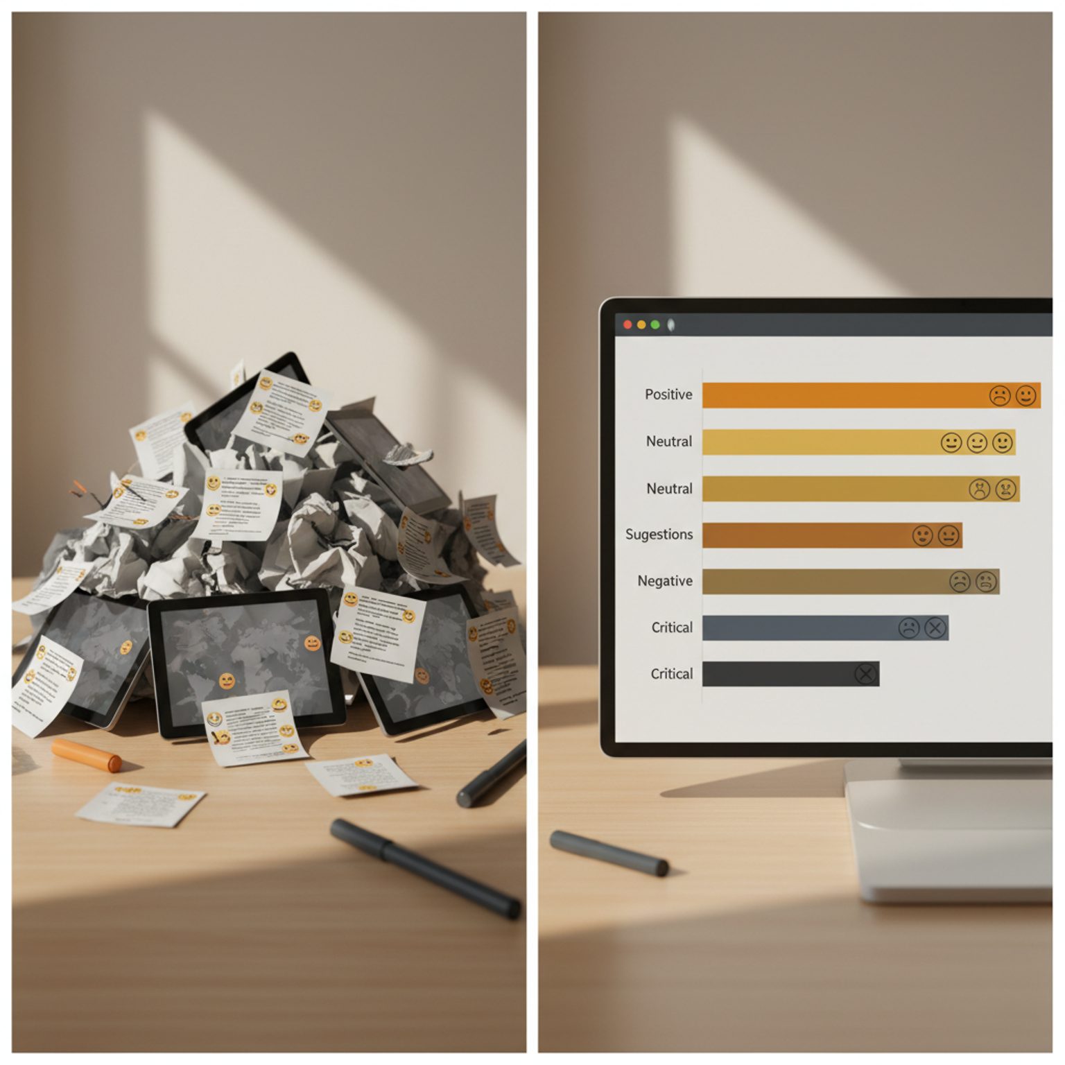 Comparison of raw customer data versus organized AI-generated data visualizations.