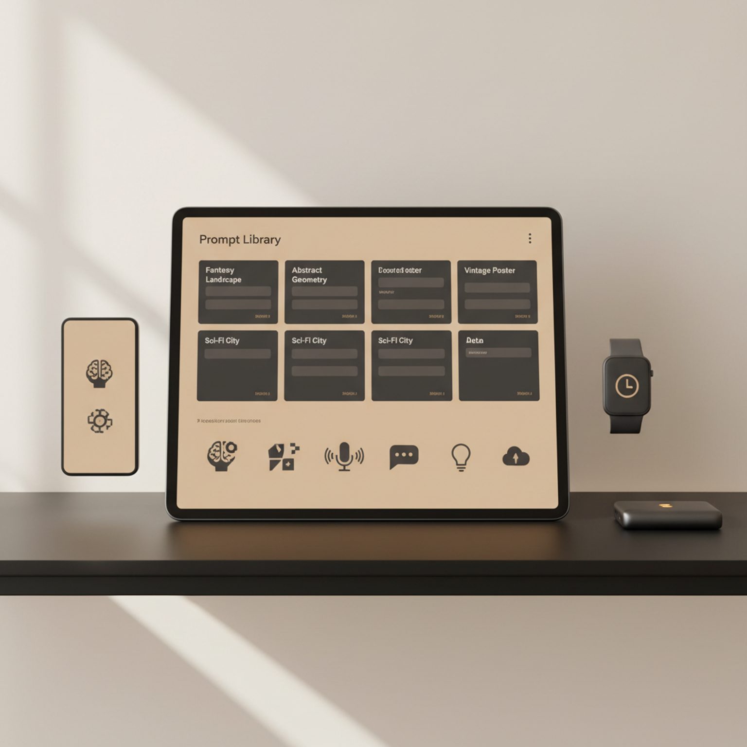 Digital product mockup showing a prompt pack interface on a tablet and associated software icons.