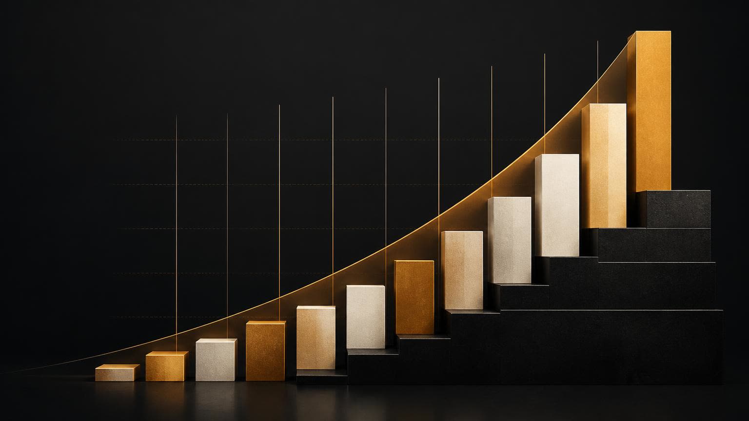 Abstract stepped bar chart in amber and off-white showing monthly retainer revenue climbing