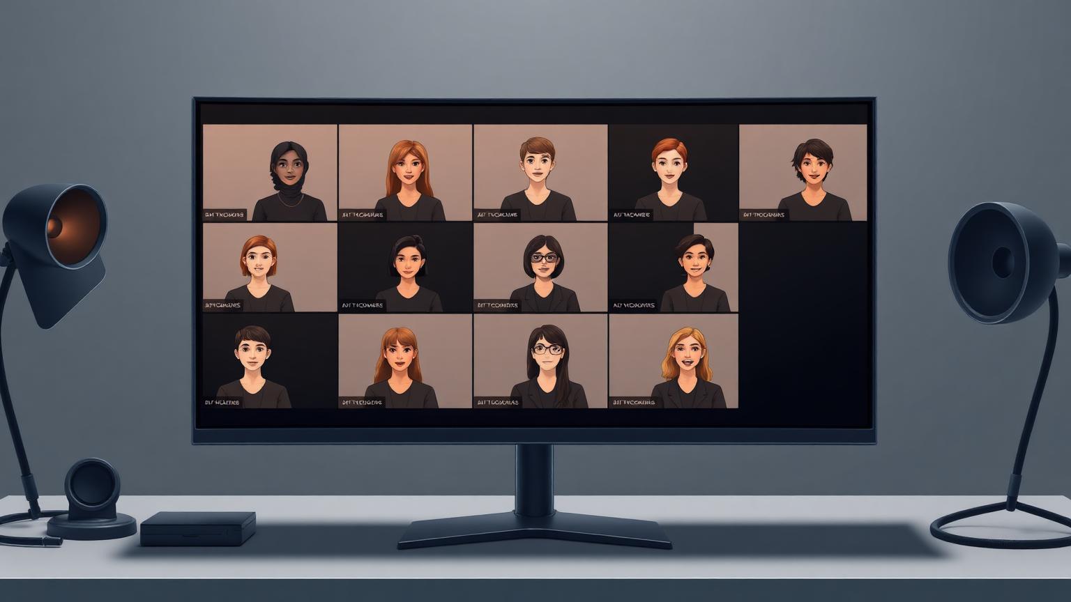 A monitor showing a grid of AI presenter variations used to test the same ad script across different faces.