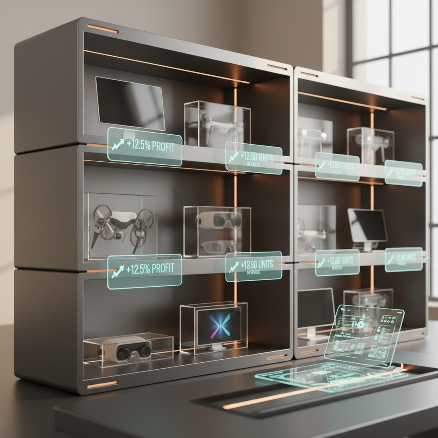 Holographic stock labels showing profit data on a modern warehouse shelf.