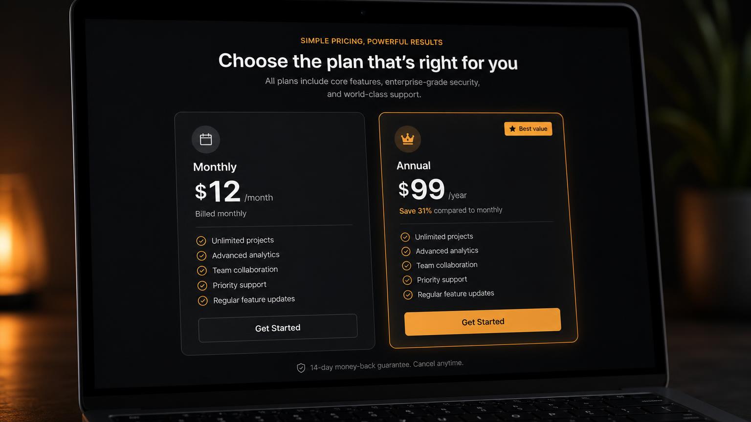A close-up of a SaaS pricing page showing monthly and annual plans on a dark-themed website.