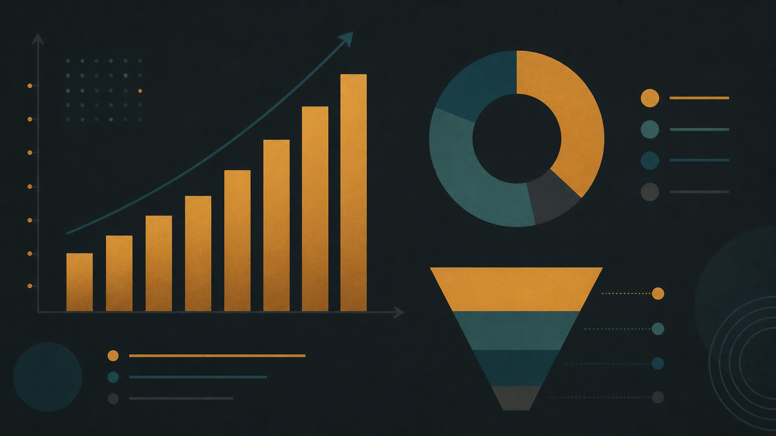 Abstract chart set showing a rising bar chart, a donut chart and a funnel