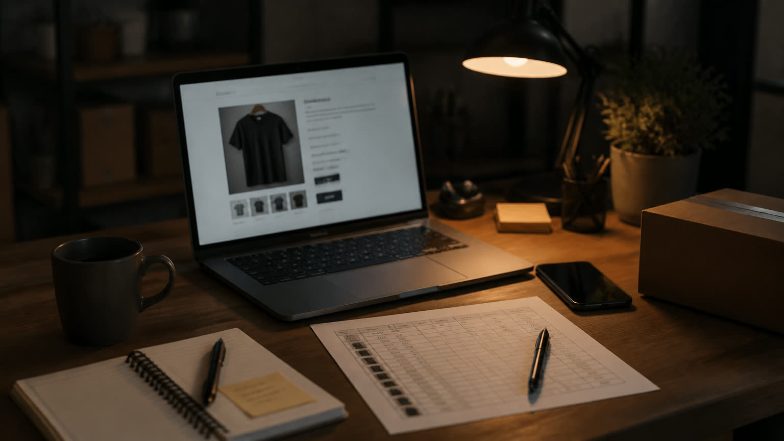 Night desk with a laptop showing a product page beside a printed spreadsheet of product attributes