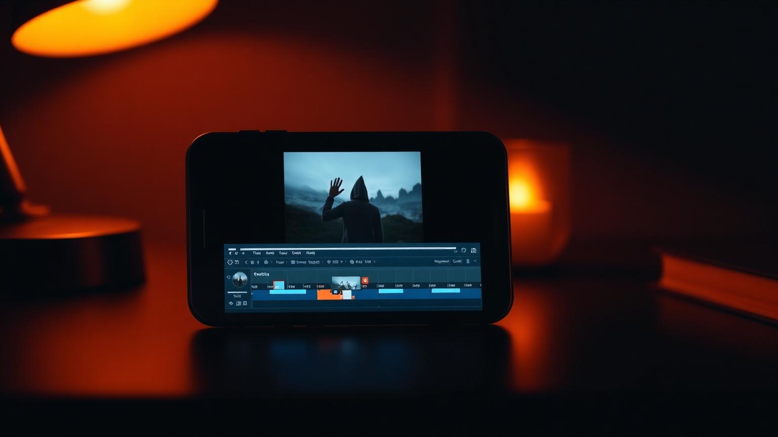 A smartphone on a dark desk showing a vertical AI-generated UGC video ad open in an editing timeline.