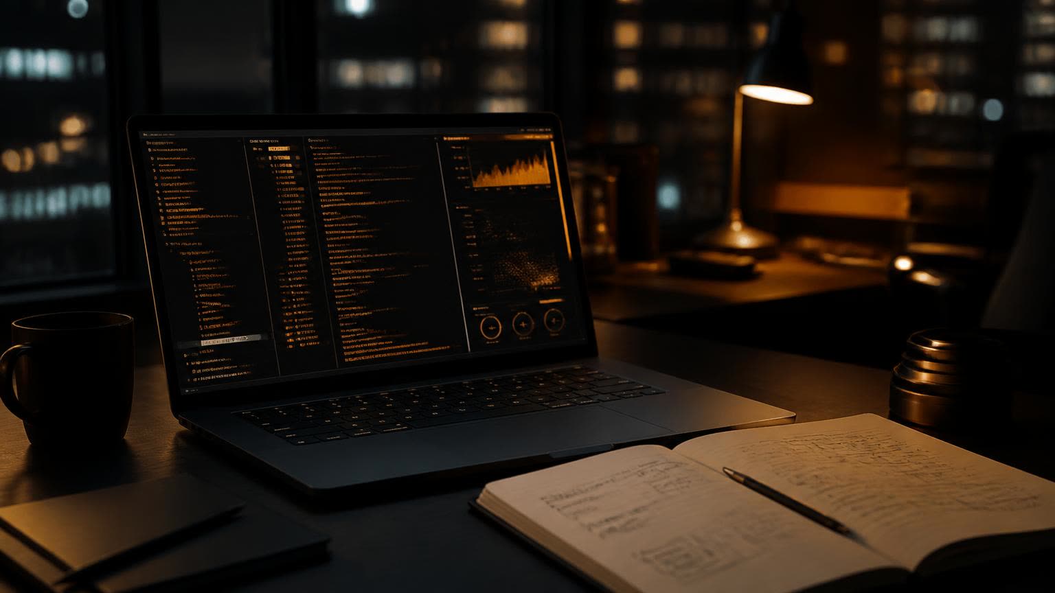 Dark desk at night with a laptop showing a tool call log and a notebook of handwritten tool specifications