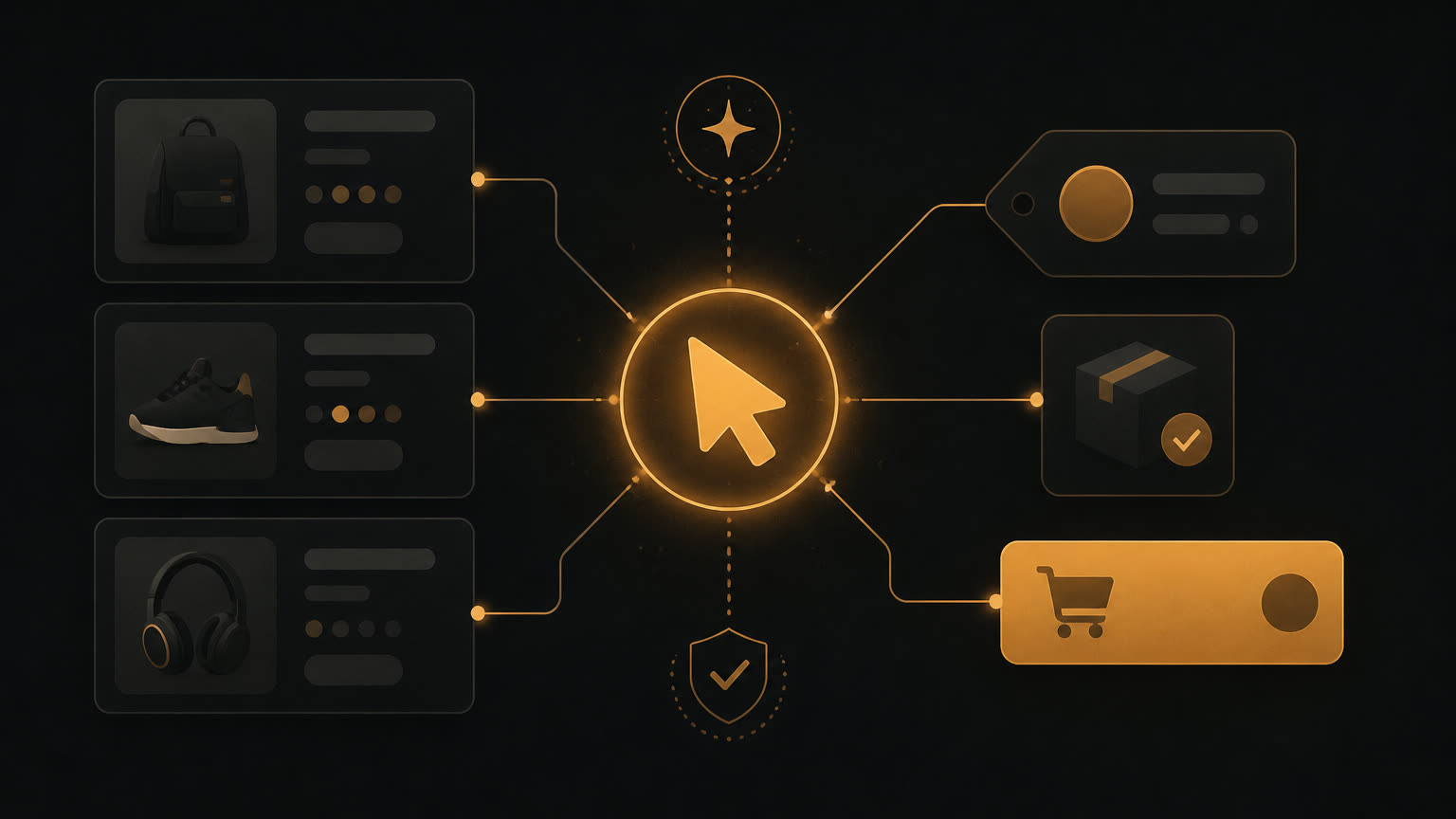 Diagram of an AI shopping agent connected to product cards, a price tag, a stock icon and a checkout button