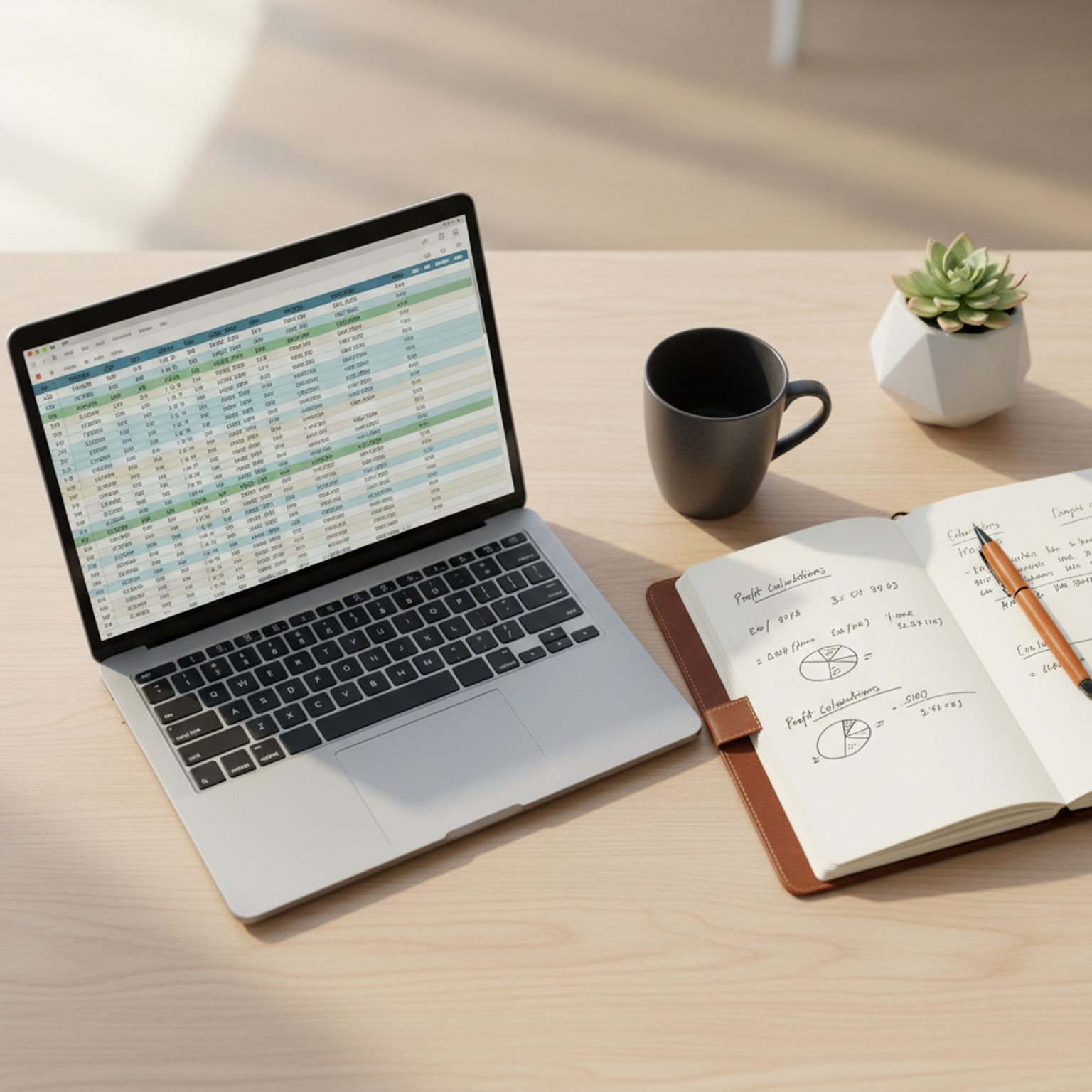A workspace showing a laptop with data and a notebook for ecommerce planning.