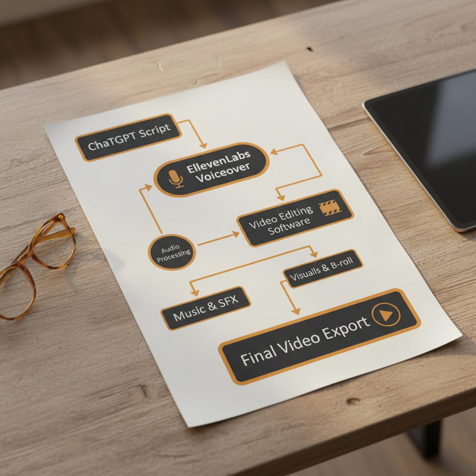 A workflow diagram for creating AI generated videos for YouTube.