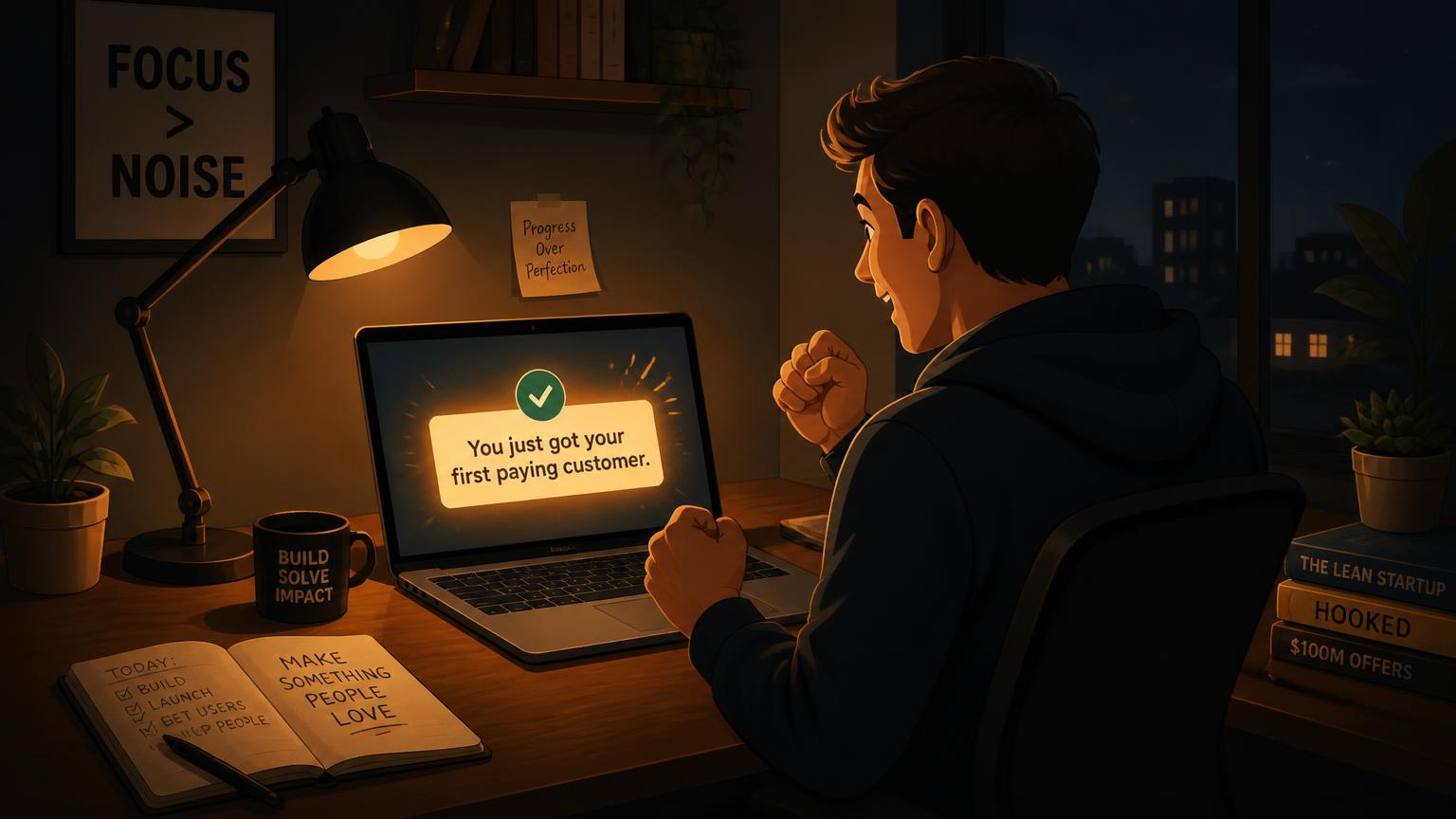 An editorial illustration of a solo founder celebrating a first paying customer notification on a laptop.