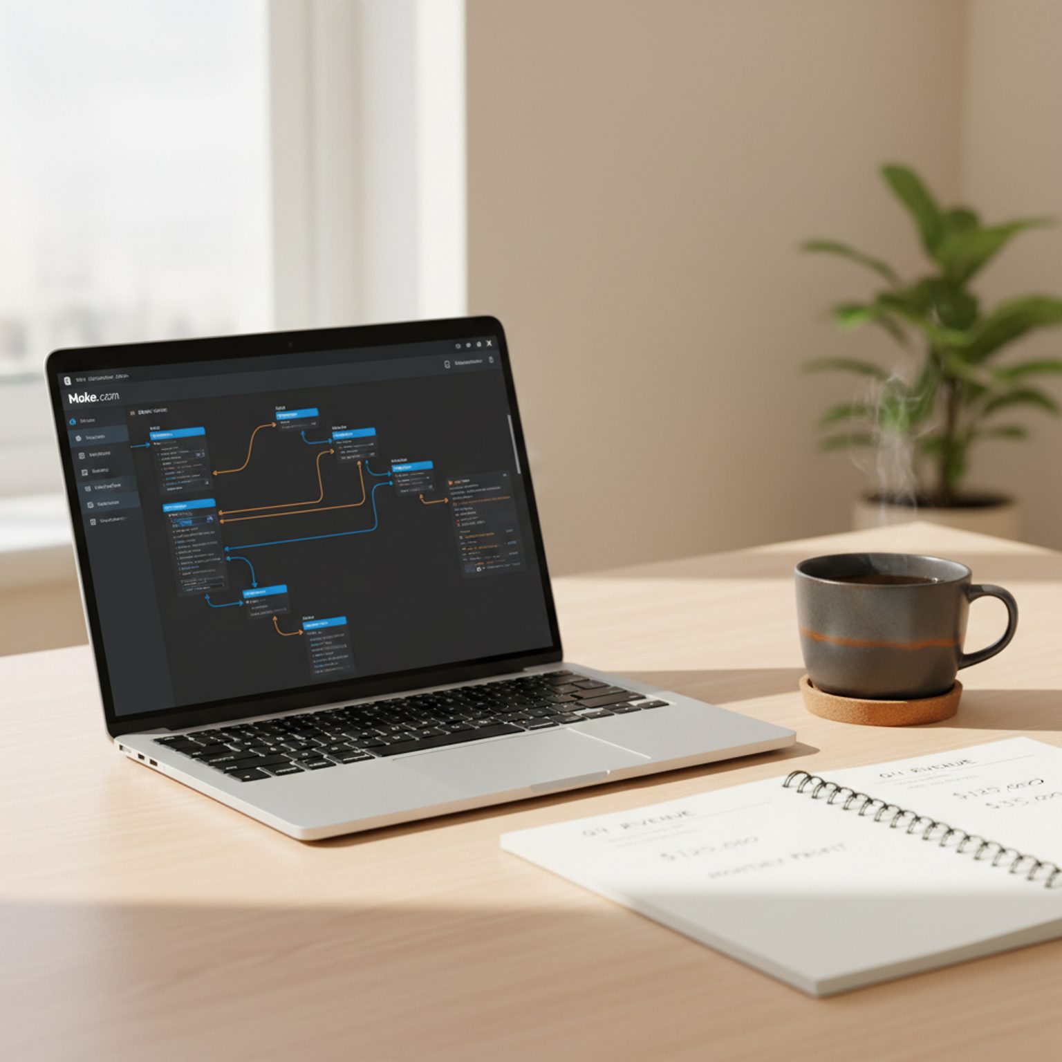 A workspace showing an AI automation workflow on a screen.