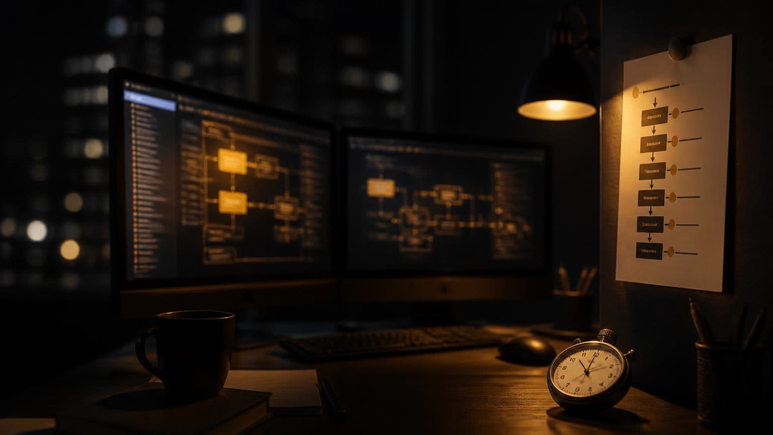 Dark night office with two monitors showing a workflow canvas and a printed process checklist pinned beside them