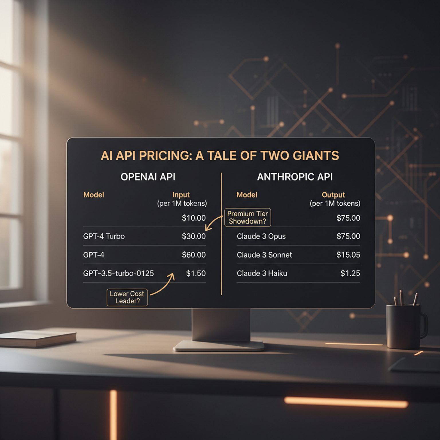 Comparison table of various AI model pricing structures and token costs.