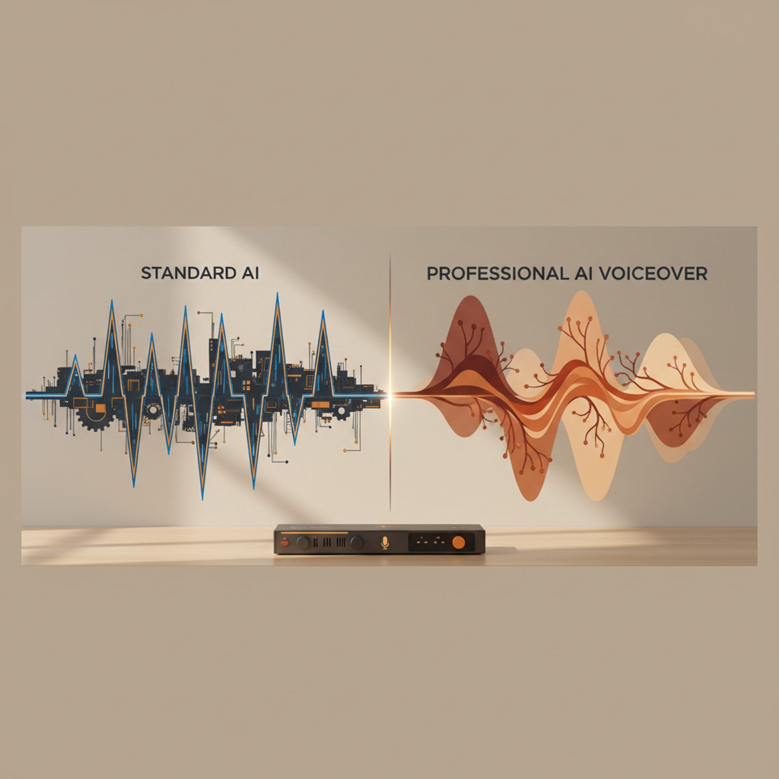 Comparison between low-quality and professional AI voiceover waveforms.
