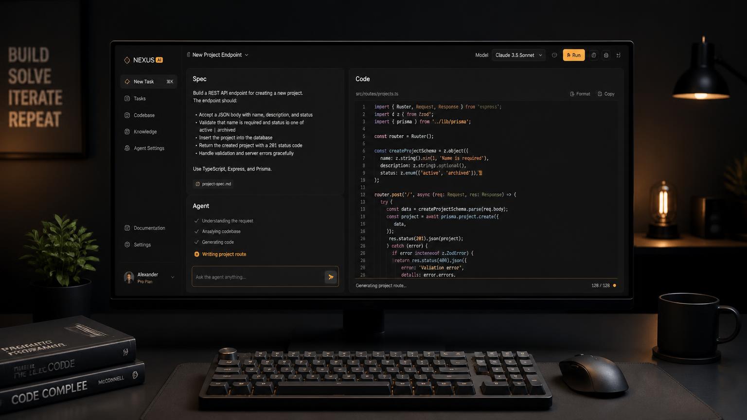 A minimalist developer workspace showing an AI coding agent interface on a dark monitor with amber accents.