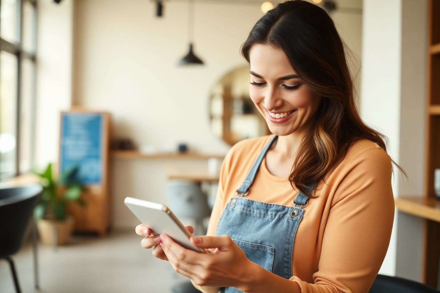 A local business owner smiling while reviewing booked appointments on a phone