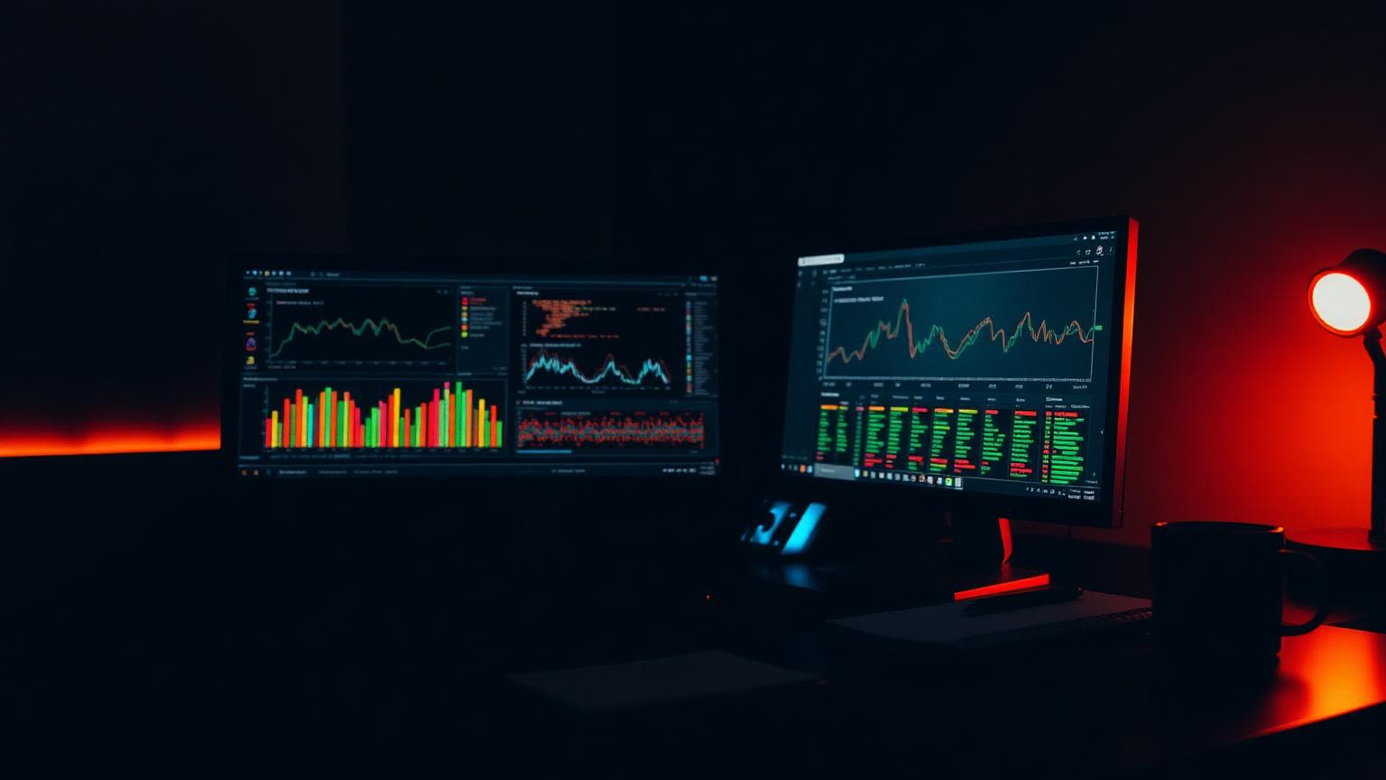 Dark desk with two monitors showing charts and rows of status indicators